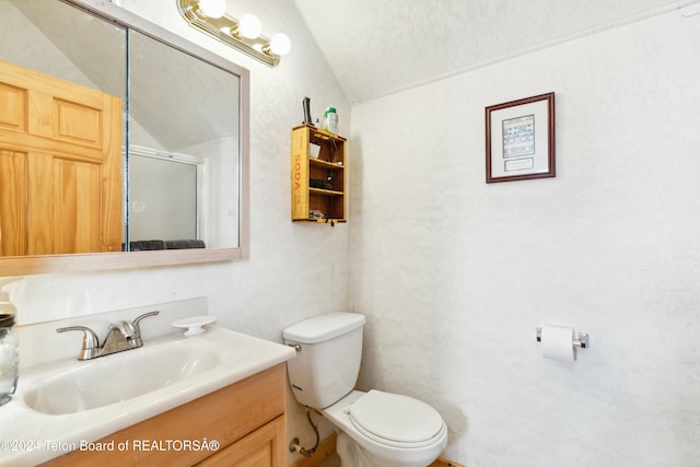 bathroom featuring a textured ceiling, vanity, vaulted ceiling, toilet, and a shower with shower door