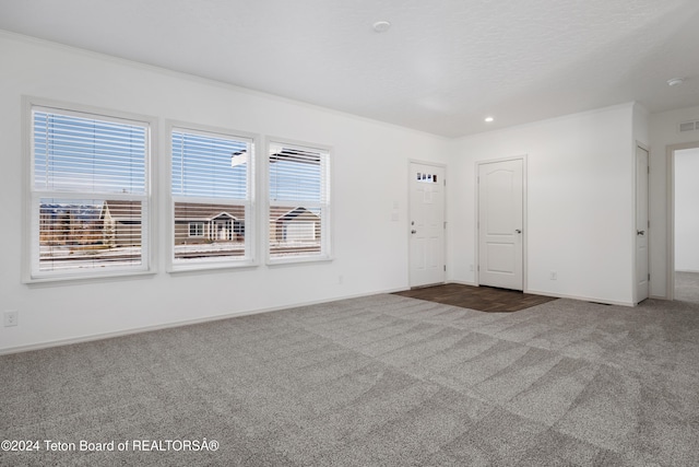 spare room with crown molding and carpet floors