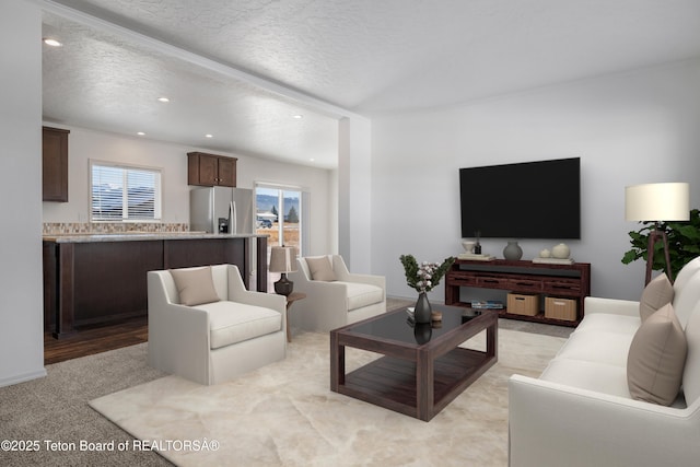 3829 Spruce Rd, Driggs, ID 83422 - living room with recessed lighting, a textured ceiling, and light colored carpet