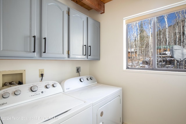 washroom with separate washer and dryer and cabinets