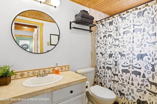 bathroom with vanity, curtained shower, toilet, and wood ceiling