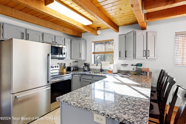 kitchen with appliances with stainless steel finishes, gray cabinets, a wealth of natural light, and beam ceiling