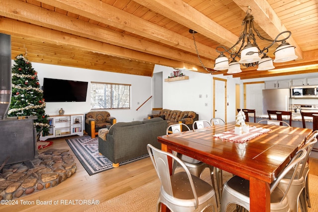 dining area featuring beam ceiling, an inviting chandelier, wooden ceiling, and light wood-type flooring