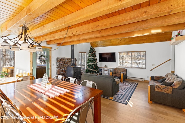 dining area featuring beam ceiling, light hardwood / wood-style flooring, a wood stove, and a baseboard radiator