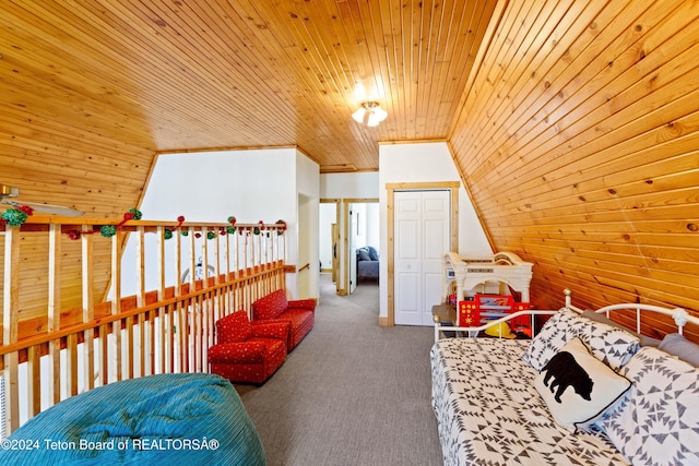 bedroom featuring carpet flooring, wooden walls, vaulted ceiling, and wooden ceiling