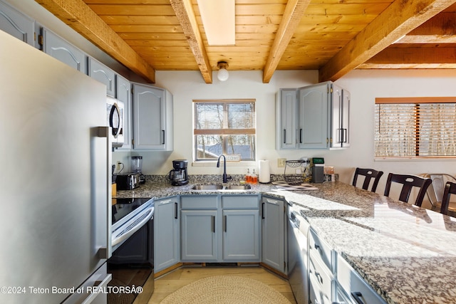 kitchen with beamed ceiling, sink, wooden ceiling, and stainless steel appliances