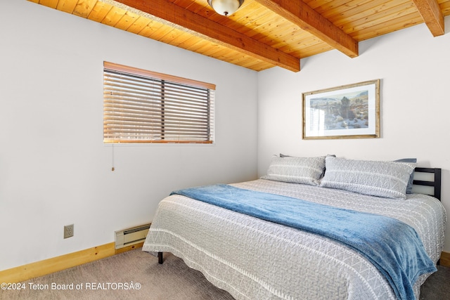 bedroom featuring carpet flooring, wooden ceiling, beamed ceiling, and a baseboard radiator