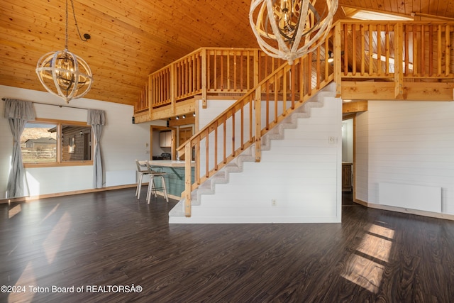 interior space featuring an inviting chandelier, high vaulted ceiling, wood walls, wood ceiling, and hardwood / wood-style flooring