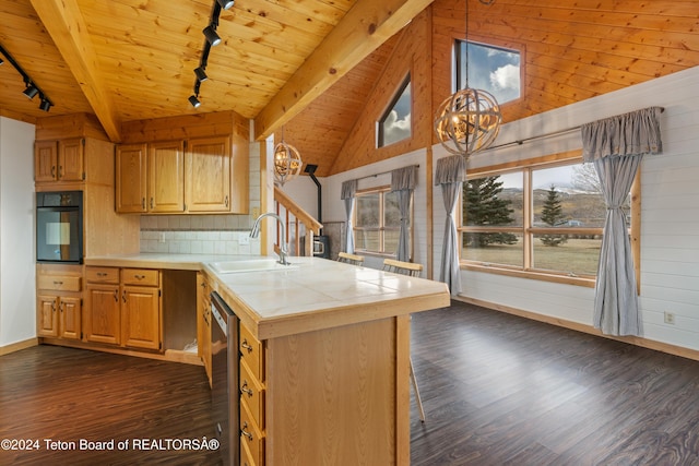 kitchen featuring oven, rail lighting, decorative light fixtures, and dark wood-type flooring