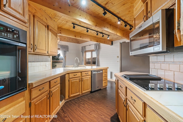 kitchen featuring backsplash, dark wood-type flooring, rail lighting, and black appliances