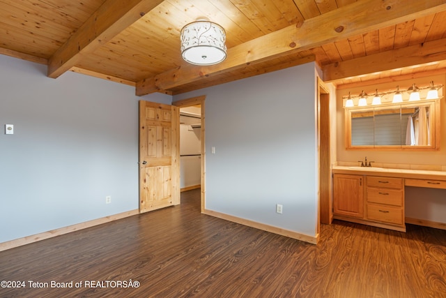 unfurnished bedroom featuring beam ceiling, dark hardwood / wood-style flooring, wooden ceiling, and sink