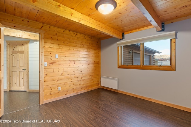 spare room with beam ceiling, dark hardwood / wood-style flooring, radiator heating unit, and wooden ceiling