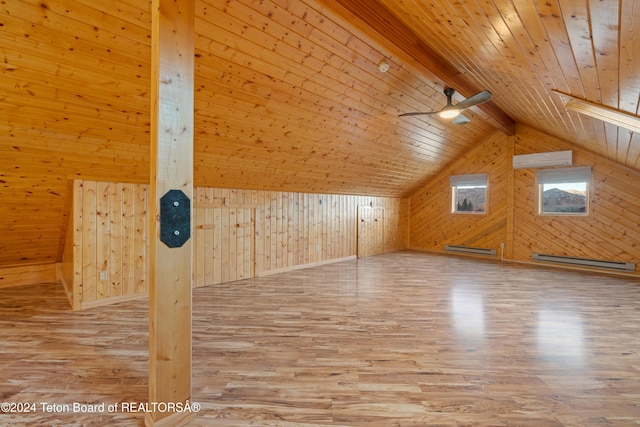 additional living space featuring vaulted ceiling with beams, wood walls, wood ceiling, and wood-type flooring