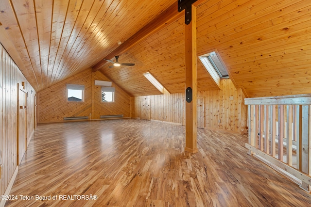 bonus room featuring hardwood / wood-style floors, wood ceiling, and lofted ceiling with skylight