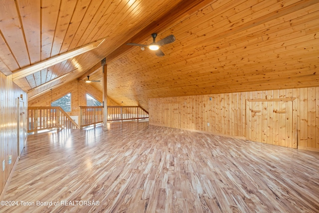 bonus room with light wood-type flooring, wood ceiling, lofted ceiling with skylight, ceiling fan, and wooden walls