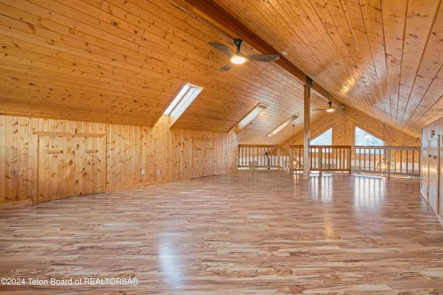 additional living space with light wood-type flooring, wood ceiling, ceiling fan, and wood walls