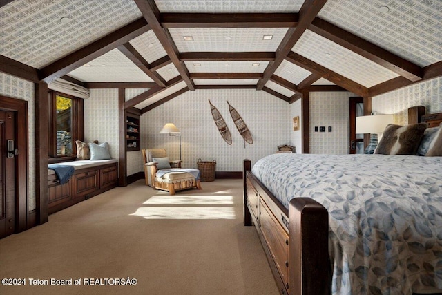 bedroom featuring carpet and lofted ceiling with beams