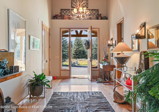 entrance foyer with a chandelier, hardwood / wood-style floors, and a high ceiling