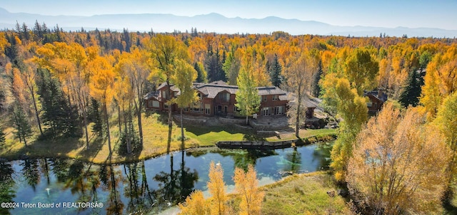 drone / aerial view with a water and mountain view