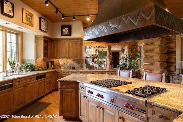 kitchen featuring light stone countertops, rail lighting, sink, log walls, and light hardwood / wood-style flooring