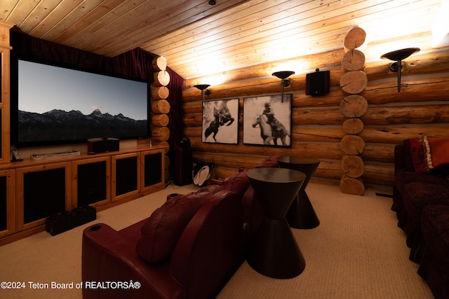 carpeted cinema with log walls and wood ceiling