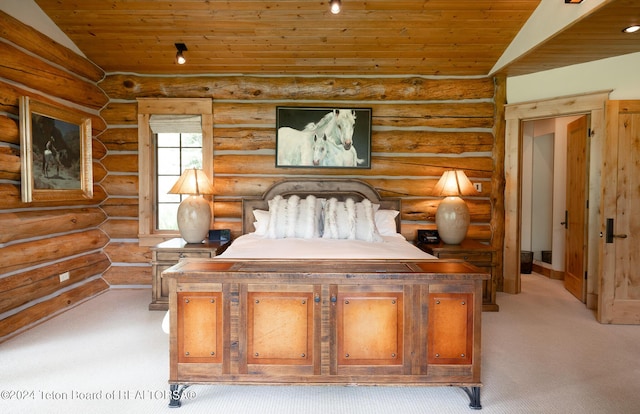 bedroom with rustic walls, lofted ceiling, and wood ceiling