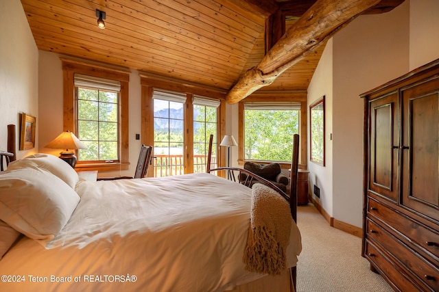 bedroom with access to exterior, light colored carpet, wooden ceiling, and lofted ceiling