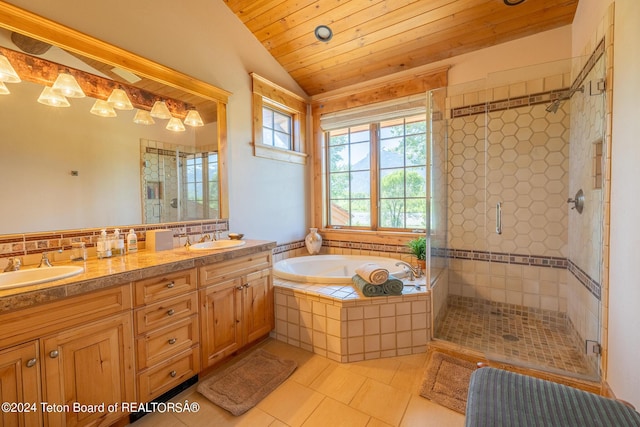 bathroom featuring tile patterned flooring, wood ceiling, lofted ceiling, vanity, and independent shower and bath