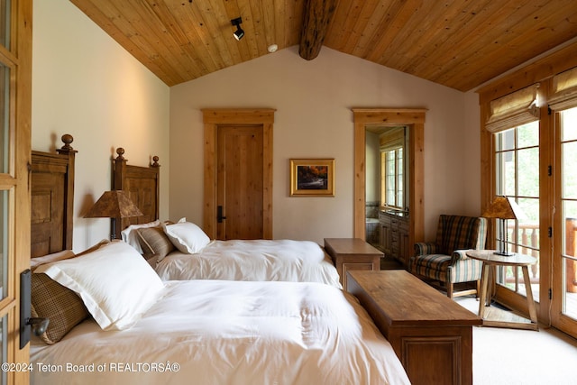 bedroom featuring lofted ceiling with beams, light colored carpet, and wooden ceiling