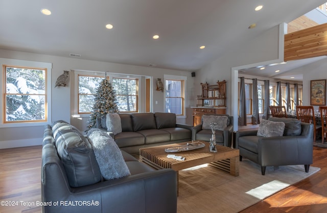 3470 W Mccollister Dr, Teton Village, WY 83025 - living room featuring recessed lighting, lofted ceiling, and wood finished floors