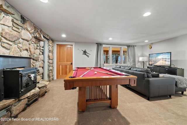 3470 W Mccollister Dr, Teton Village, WY 83025 - rec room with carpet flooring, recessed lighting, billiards, and a wood stove