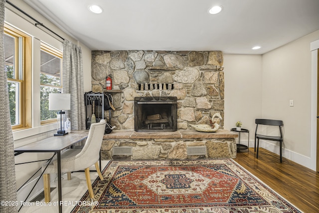 3470 W Mccollister Dr, Teton Village, WY 83025 - living area with wood finished floors, recessed lighting, and a fireplace