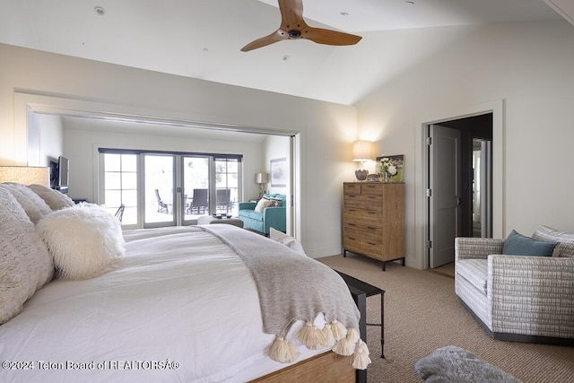 bedroom with access to outside, ceiling fan, light carpet, and vaulted ceiling