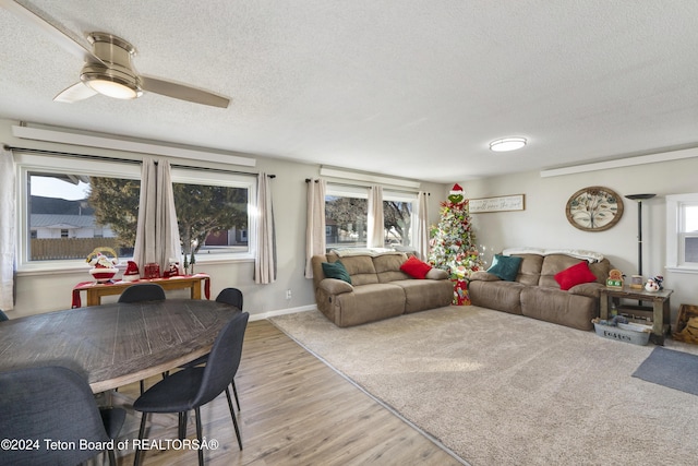 living room featuring a textured ceiling, light hardwood / wood-style floors, ceiling fan, and a healthy amount of sunlight