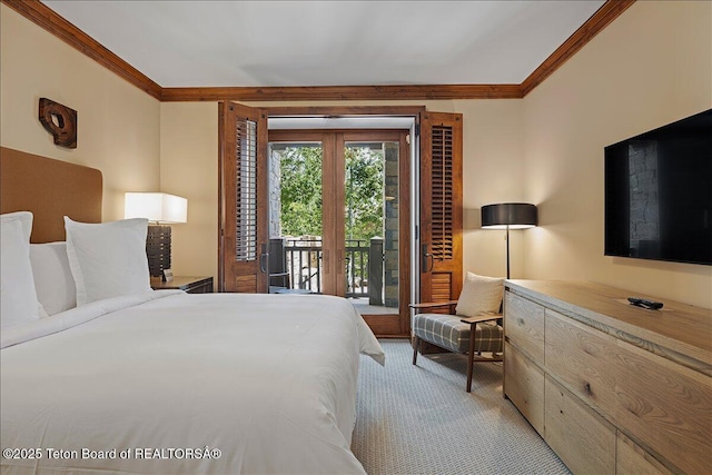 bedroom with access to exterior, light colored carpet, and ornamental molding