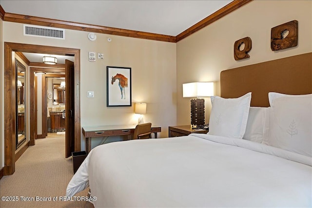 carpeted bedroom featuring ornamental molding