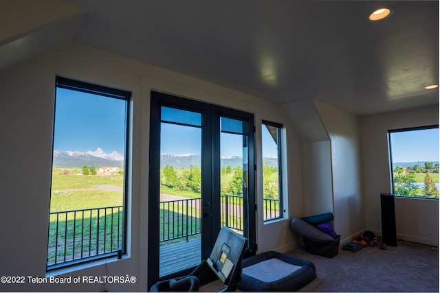 interior space featuring carpet, a mountain view, and a healthy amount of sunlight