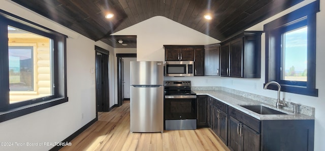 kitchen with appliances with stainless steel finishes, sink, lofted ceiling, and wood ceiling