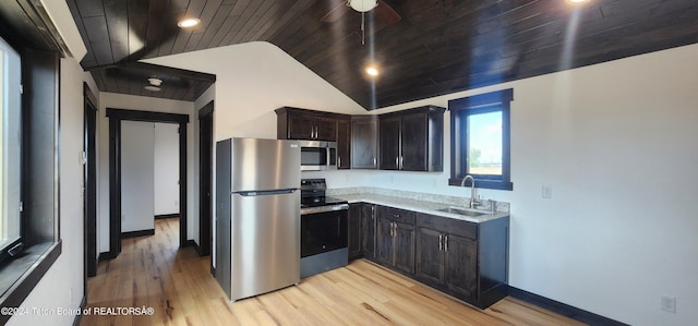 kitchen with sink, wood ceiling, stainless steel appliances, and light hardwood / wood-style flooring