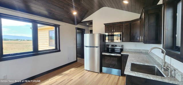 kitchen with light stone countertops, wood ceiling, dark brown cabinetry, stainless steel appliances, and sink