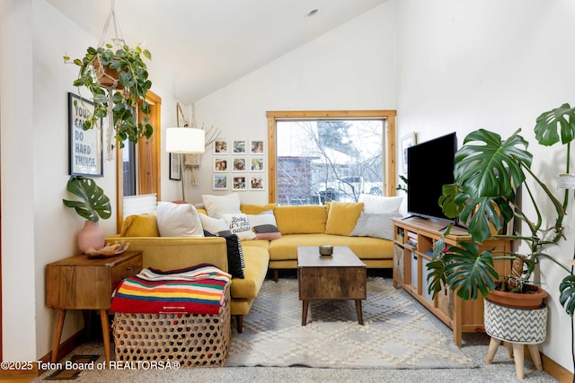 living room with lofted ceiling