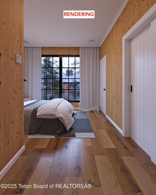 bedroom featuring wood walls, crown molding, and hardwood / wood-style flooring