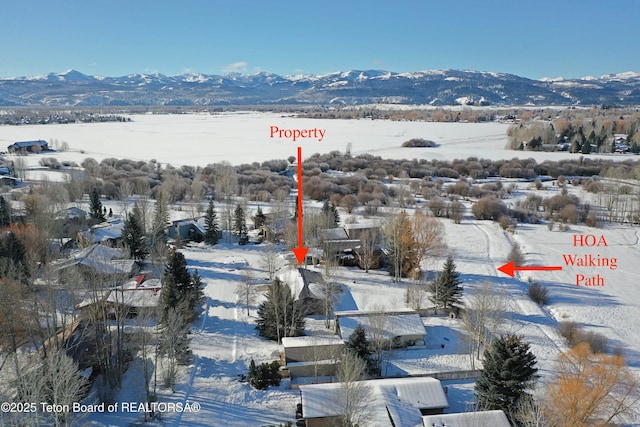 snowy aerial view featuring a mountain view