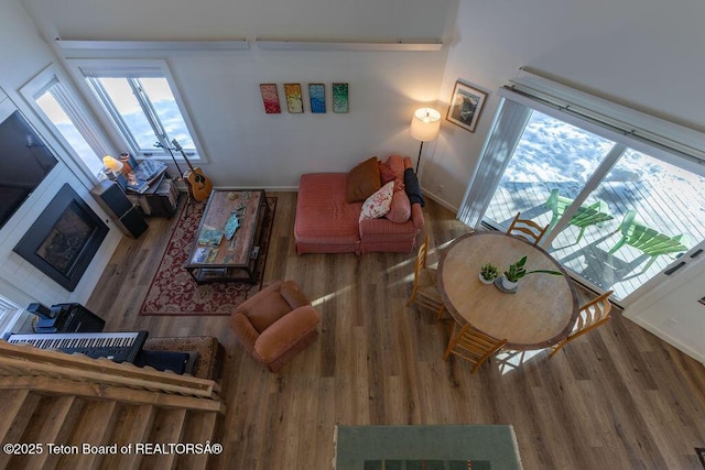 1875 W Cinnamon Teal Rd, Jackson, WY 83001 - living room featuring wood finished floors, a fireplace, and baseboards