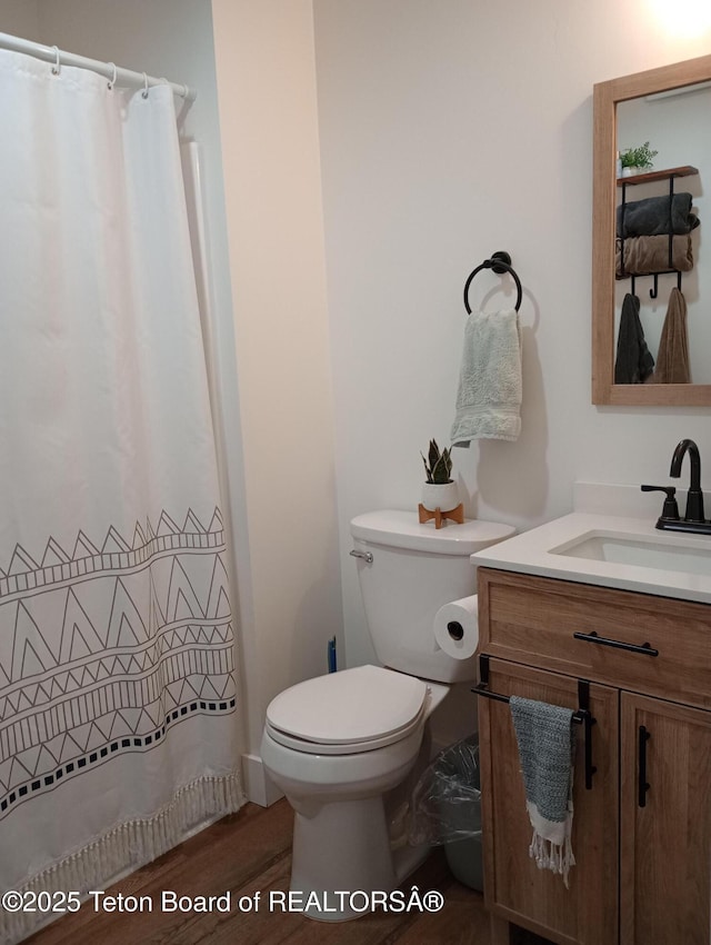 bathroom featuring toilet, vanity, and hardwood / wood-style flooring