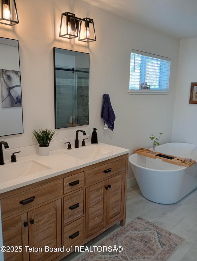 bathroom featuring plus walk in shower and vanity