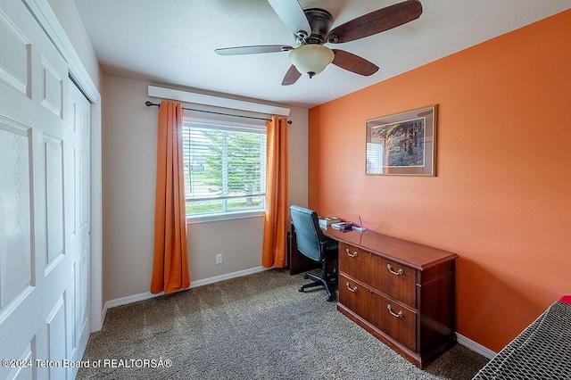 carpeted home office with ceiling fan