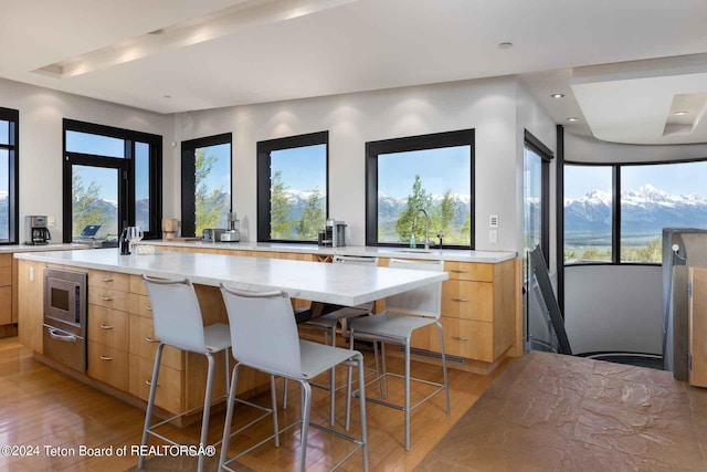 kitchen featuring a mountain view, light hardwood / wood-style floors, a kitchen island, and stainless steel microwave