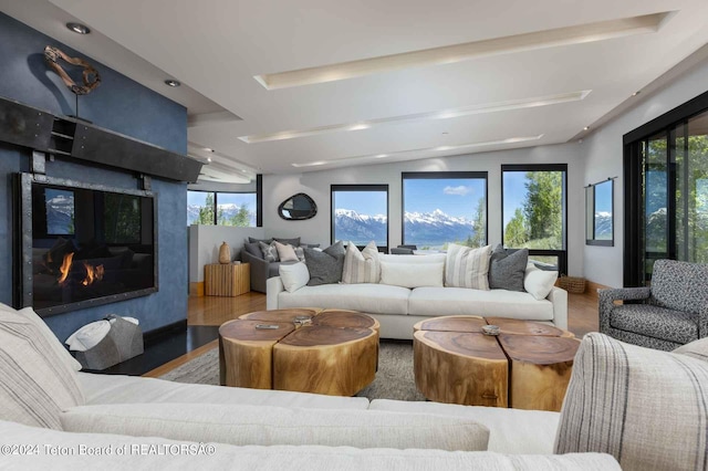 living room with hardwood / wood-style flooring and lofted ceiling