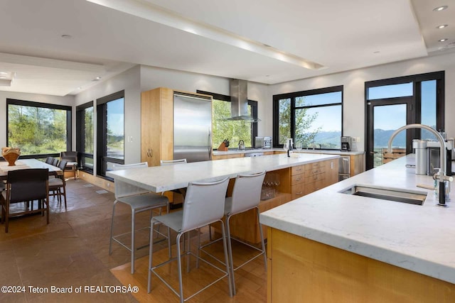 kitchen featuring sink, wall chimney range hood, a kitchen breakfast bar, a kitchen island, and appliances with stainless steel finishes